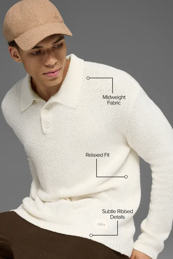 Polo a maniche lunghe in maglia testurizzata - Avorio