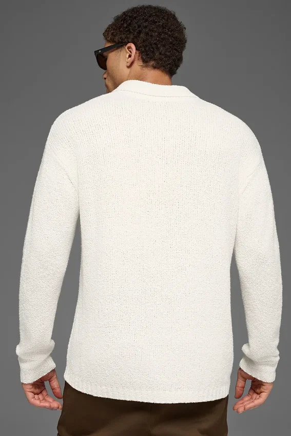 Polo a maniche lunghe in maglia testurizzata - Avorio