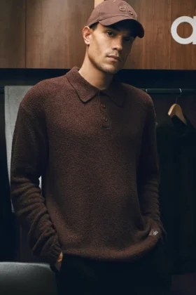 Polo a maniche lunghe in maglia testurizzata - Brownstone