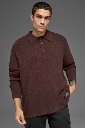 Polo a maniche lunghe in maglia testurizzata – Brownstone