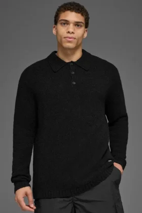 Polo a maniche lunghe in maglia testurizzata - Nero