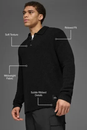 Polo a maniche lunghe in maglia testurizzata – Nero