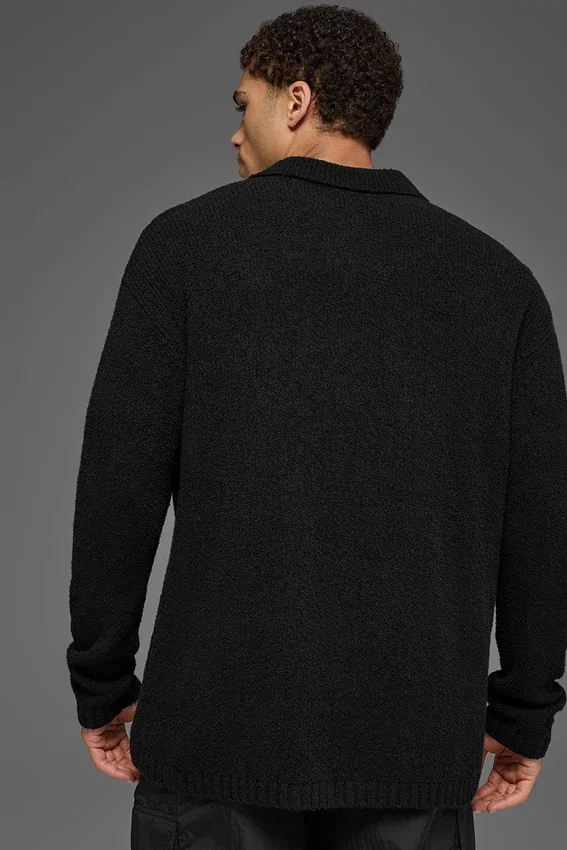 Polo a maniche lunghe in maglia testurizzata - Nero