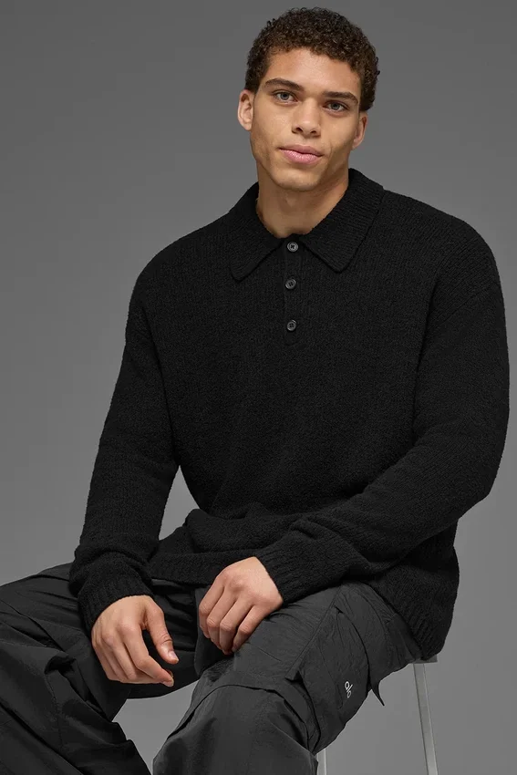 Polo a maniche lunghe in maglia testurizzata - Nero