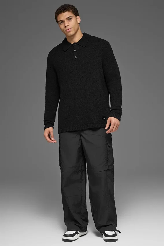 Polo a maniche lunghe in maglia testurizzata - Nero
