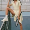 Polo corta in maglia tipo maglione Tennis Club - Avena/Bianco