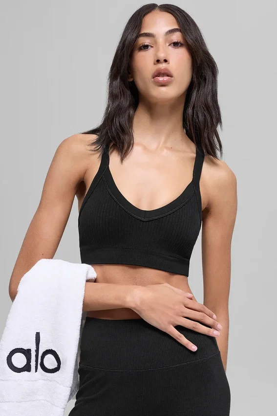 Reggiseno a costine bicolore senza cuciture - Nero