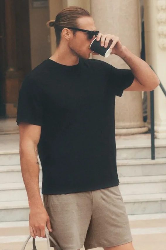 T-shirt a maniche corte Coastal in jersey di lino - Nero