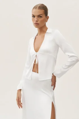 Top a maniche lunghe Radiance in misto seta - Bianco