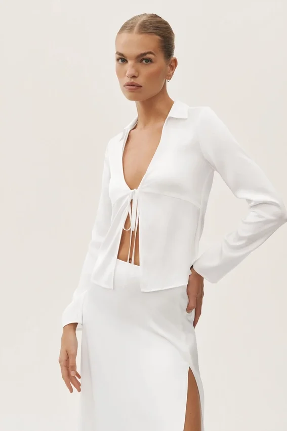 Top a maniche lunghe Radiance in misto seta - Bianco