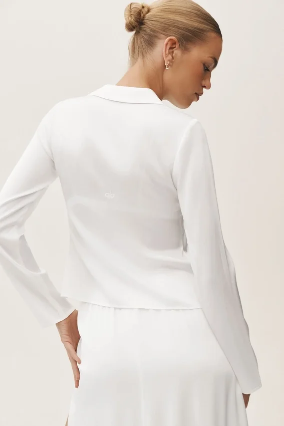 Top a maniche lunghe Radiance in misto seta - Bianco
