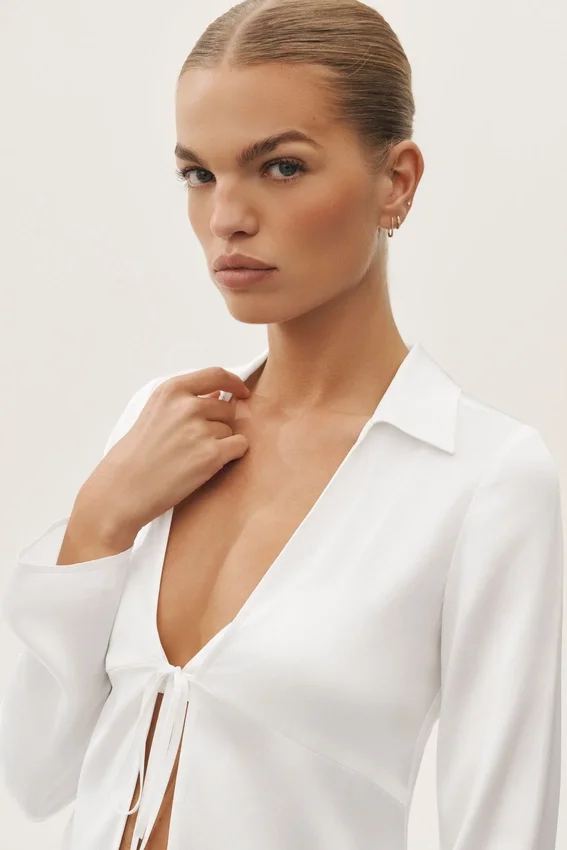 Top a maniche lunghe Radiance in misto seta - Bianco