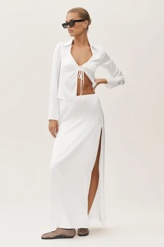 Top a maniche lunghe Radiance in misto seta - Bianco