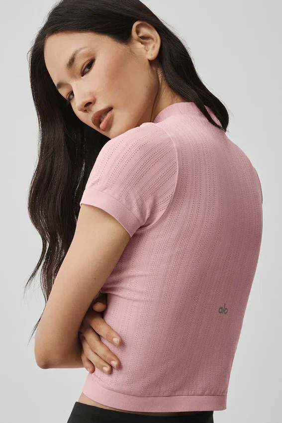 Top con maniche corte e collo alto in punto senza cuciture - Rosa vintage