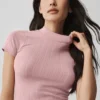 Top con maniche corte e collo alto in punto senza cuciture - Rosa vintage
