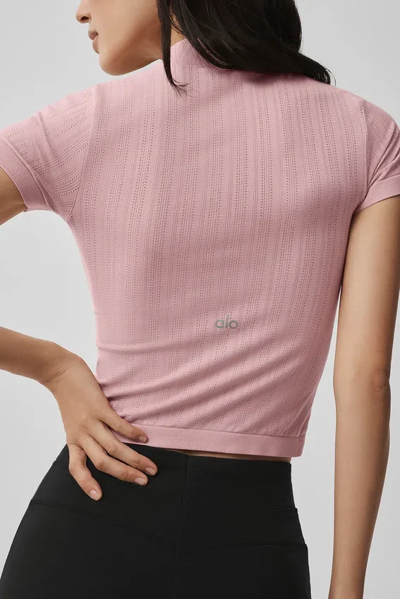 Top con maniche corte e collo alto in punto senza cuciture - Rosa vintage