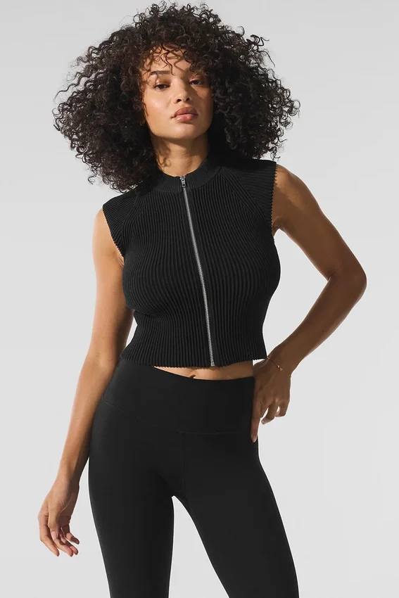 Top senza maniche in maglia denim con zip integrale - Nero/Antracite