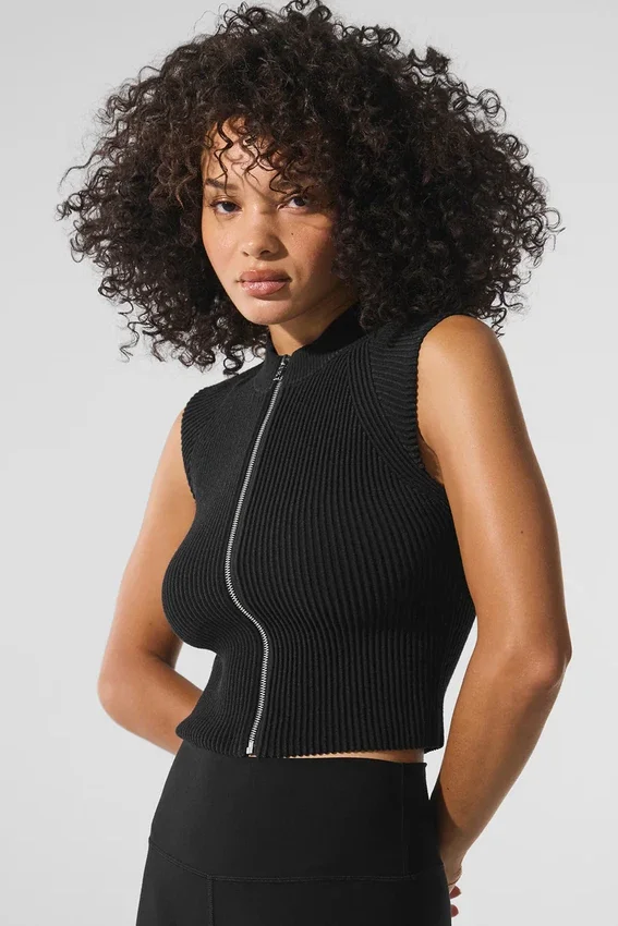 Top senza maniche in maglia denim con zip integrale - Nero/Antracite
