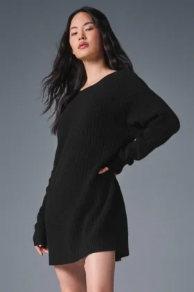 Vestito in cashmere morbido a trama waffle - Nero