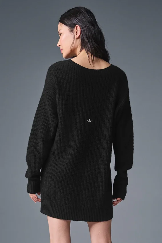 Vestito in cashmere morbido a trama waffle - Nero