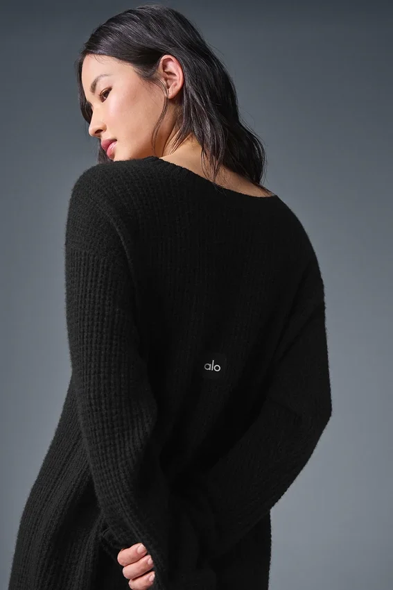 Vestito in cashmere morbido a trama waffle - Nero