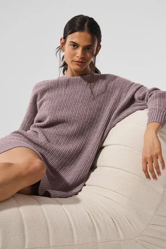 Vestito in cashmere morbido con trama a nido d’ape - Grigio melange fungo