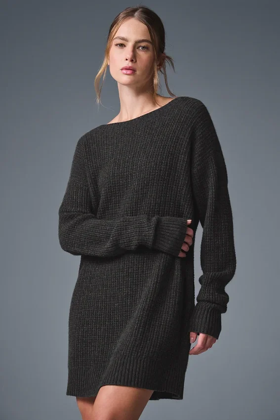 Vestito in morbido cashmere a trama a nido d’ape - Grigio melange scuro