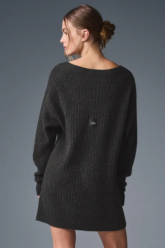 Vestito in morbido cashmere a trama a nido d’ape - Grigio melange scuro